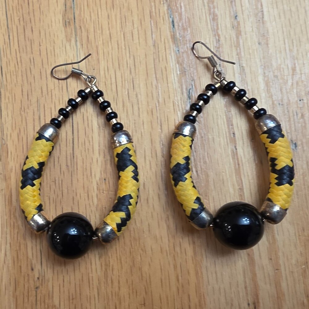 Etsy Black/Yellow Woven/Beaded Drop Dangle Earrings